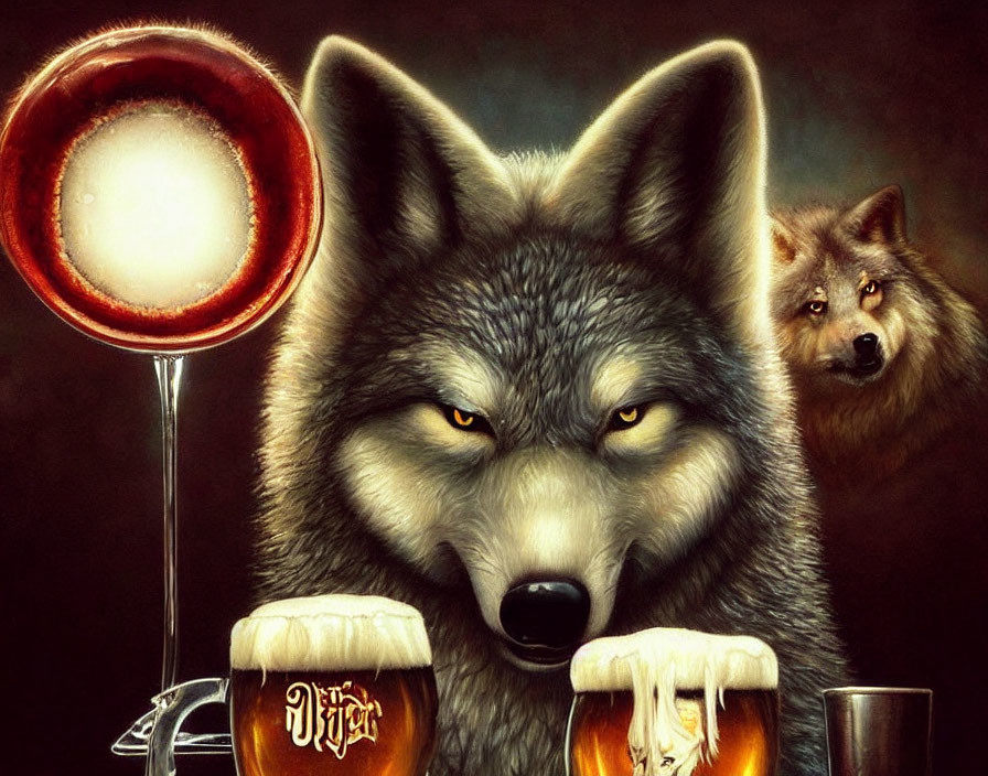 Digital illustration of stern wolf holding beer mugs, second wolf in background