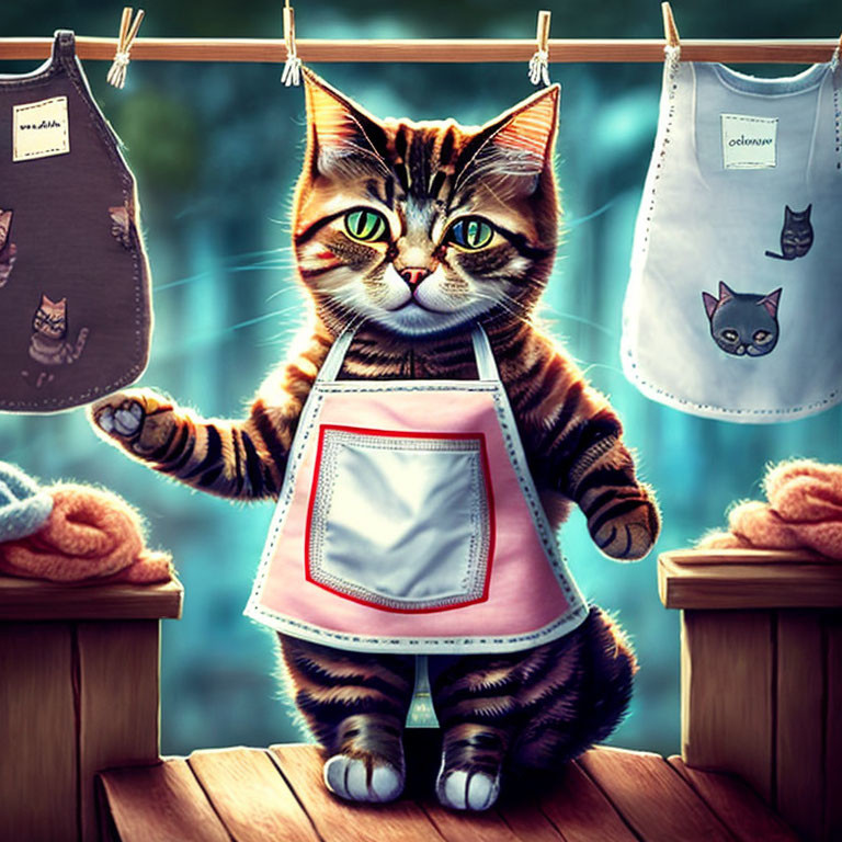 Illustration of tabby cat in apron hanging cat-themed laundry