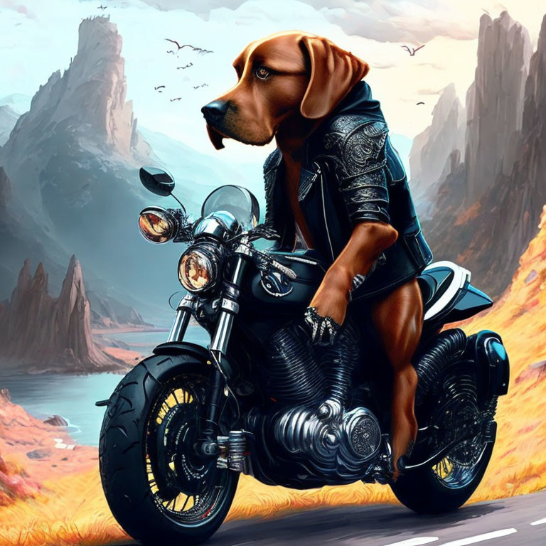Stylized illustration of dog on motorcycle with mountains