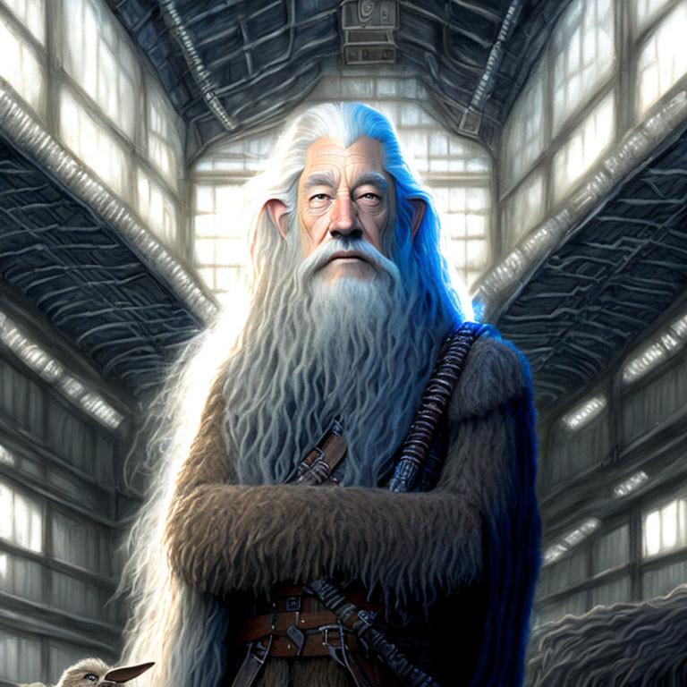 Bearded wizard with staff in high-ceilinged hall symbolizing ancient magic
