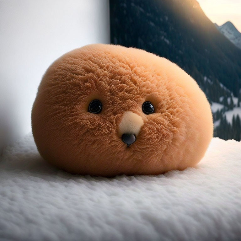Loaf of Bread Plush Toy with Cute Face in Snowy Mountain Scene