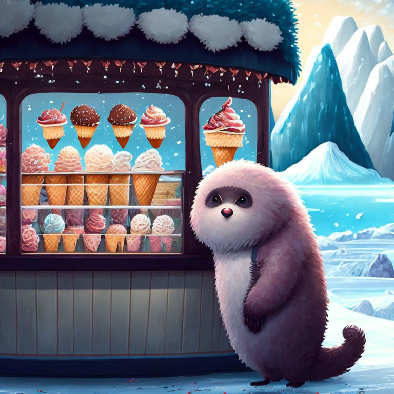 Baby penguin-like creature at colorful ice cream stand in snowy landscape