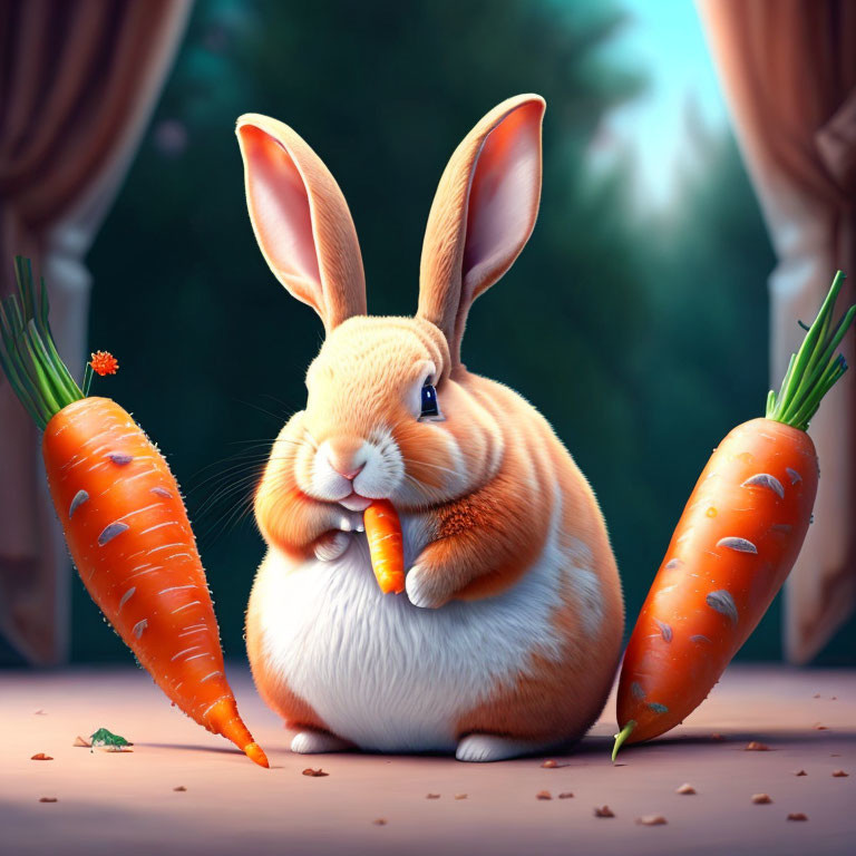 Chubby rabbit eating carrots in forest setting