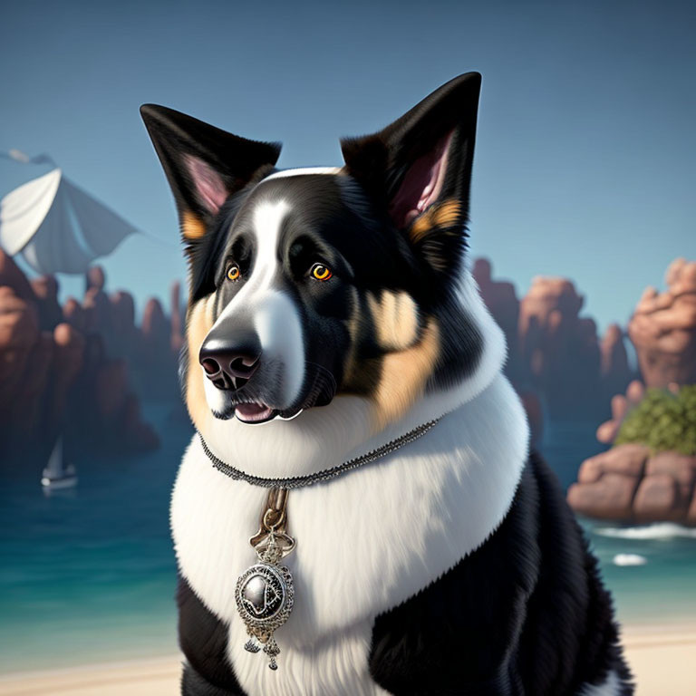 Stylized 3D Border Collie with pocket watch on collar against rocky boat background