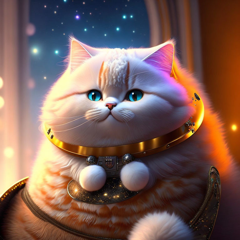 Digital Artwork: Fluffy White Cat with Golden Collar in Futuristic Space Scene