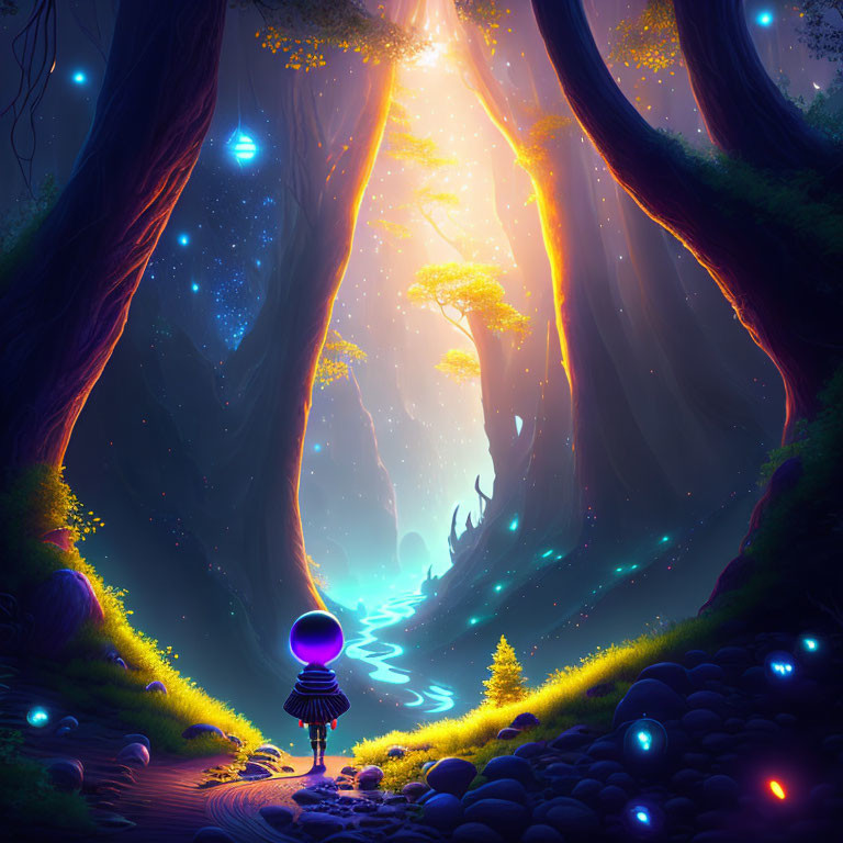 Illustration of person in space helmet at forest edge with glowing trees