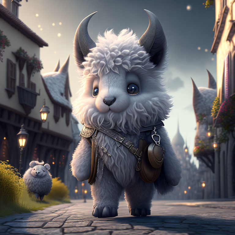 Fluffy creature with horns in fantastical village scene