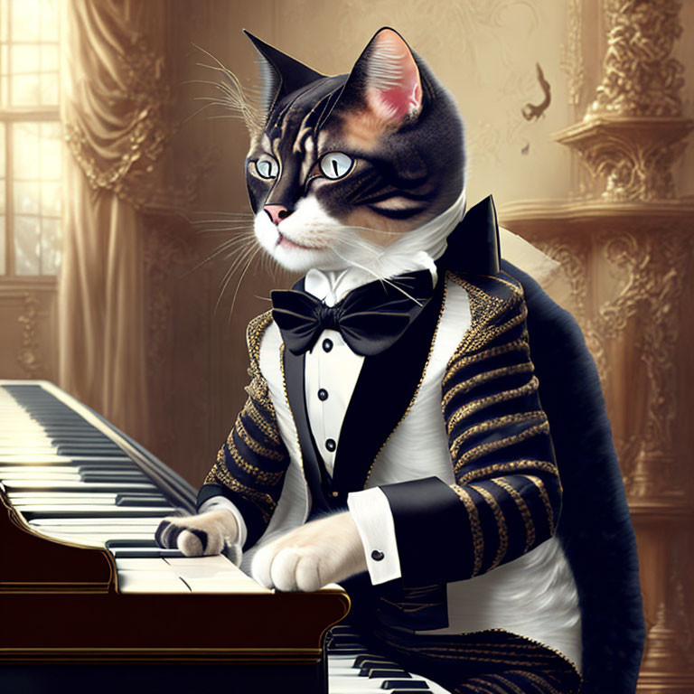 Cat in tuxedo playing grand piano in elegant room