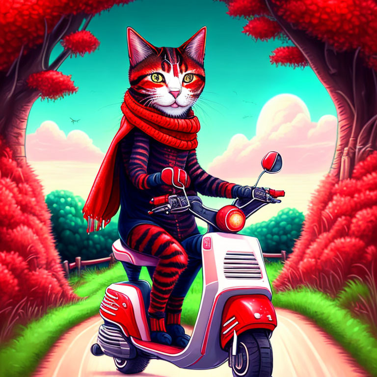 Anthropomorphic cat on scooter in vibrant landscape with pink trees