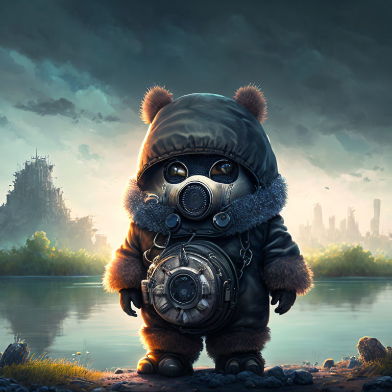 Teddy Bear in Gas Mask Stands in Dystopian Cityscape