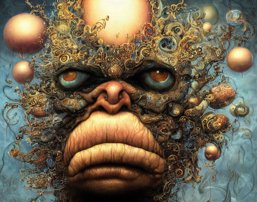 Intricate surreal artwork: metallic face, floating orbs