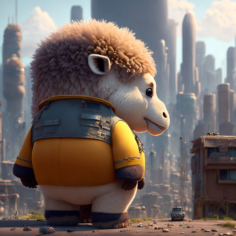 Yellow backpack sheep in cityscape scenery.