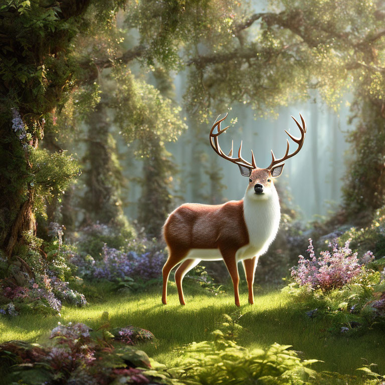 Majestic deer with impressive antlers in magical forest glade