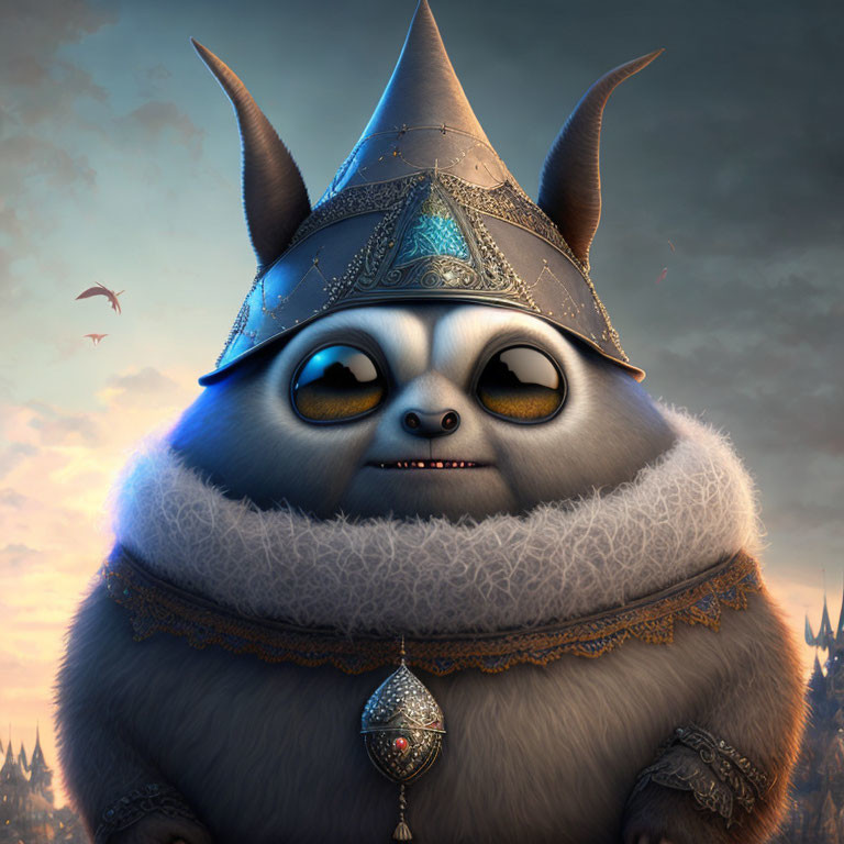 Fluffy animated creature in Viking helmet with expressive eyes against mystical castle.