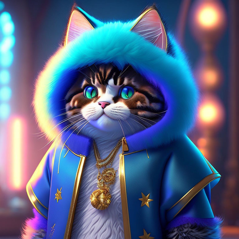 Stylized cat with green eyes in blue jacket on neon background