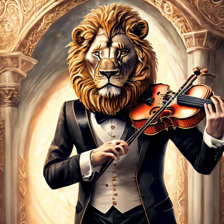 Anthropomorphic lion in tuxedo playing violin in elegant room