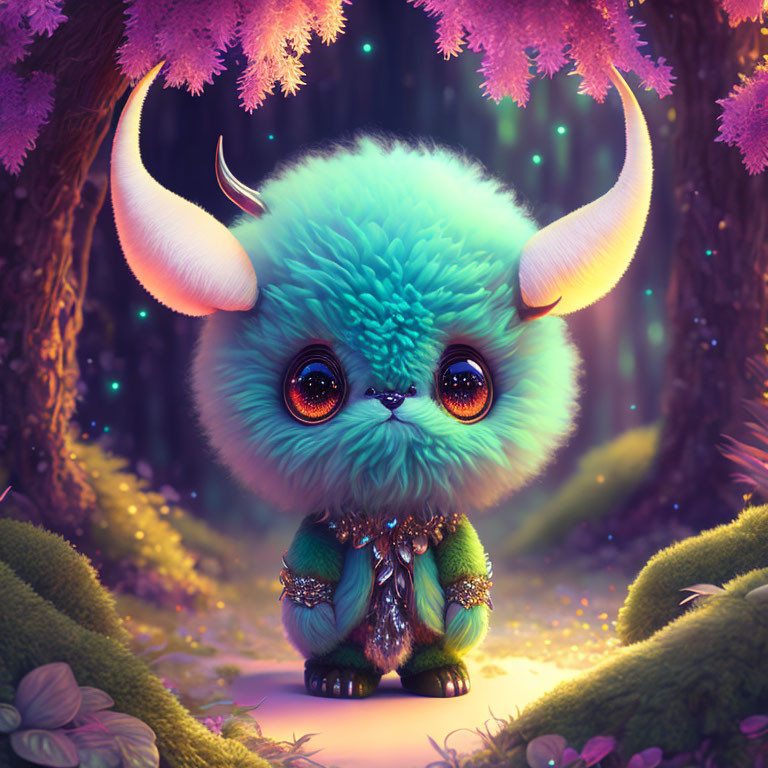 Fluffy teal creature with orange eyes in enchanted forest