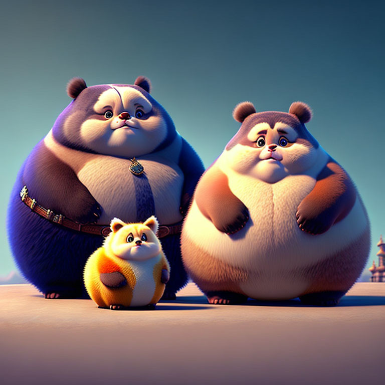 Three round, fluffy panda-like animated characters with a serene backdrop.