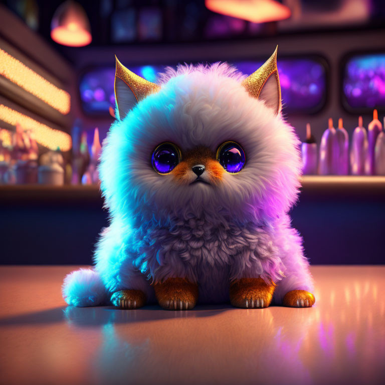 Fluffy fantasy cat-like creature with purple eyes, white and blue fur, and golden horns on bar