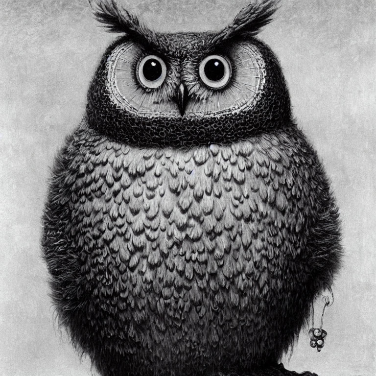 Detailed black and white chubby owl illustration with intricate feathers and large eyes.