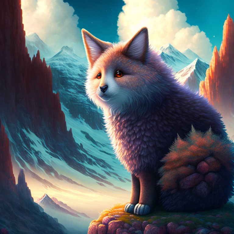 Stylized illustration of fluffy fox in fantastical landscape