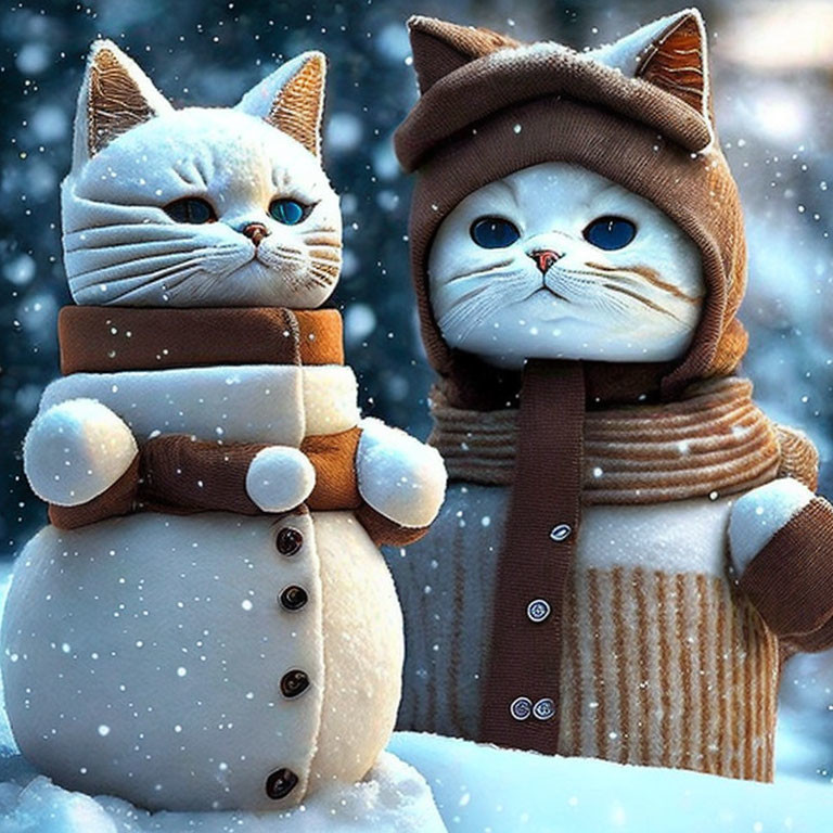 Two cats in snowman-like attire surrounded by snowflakes.