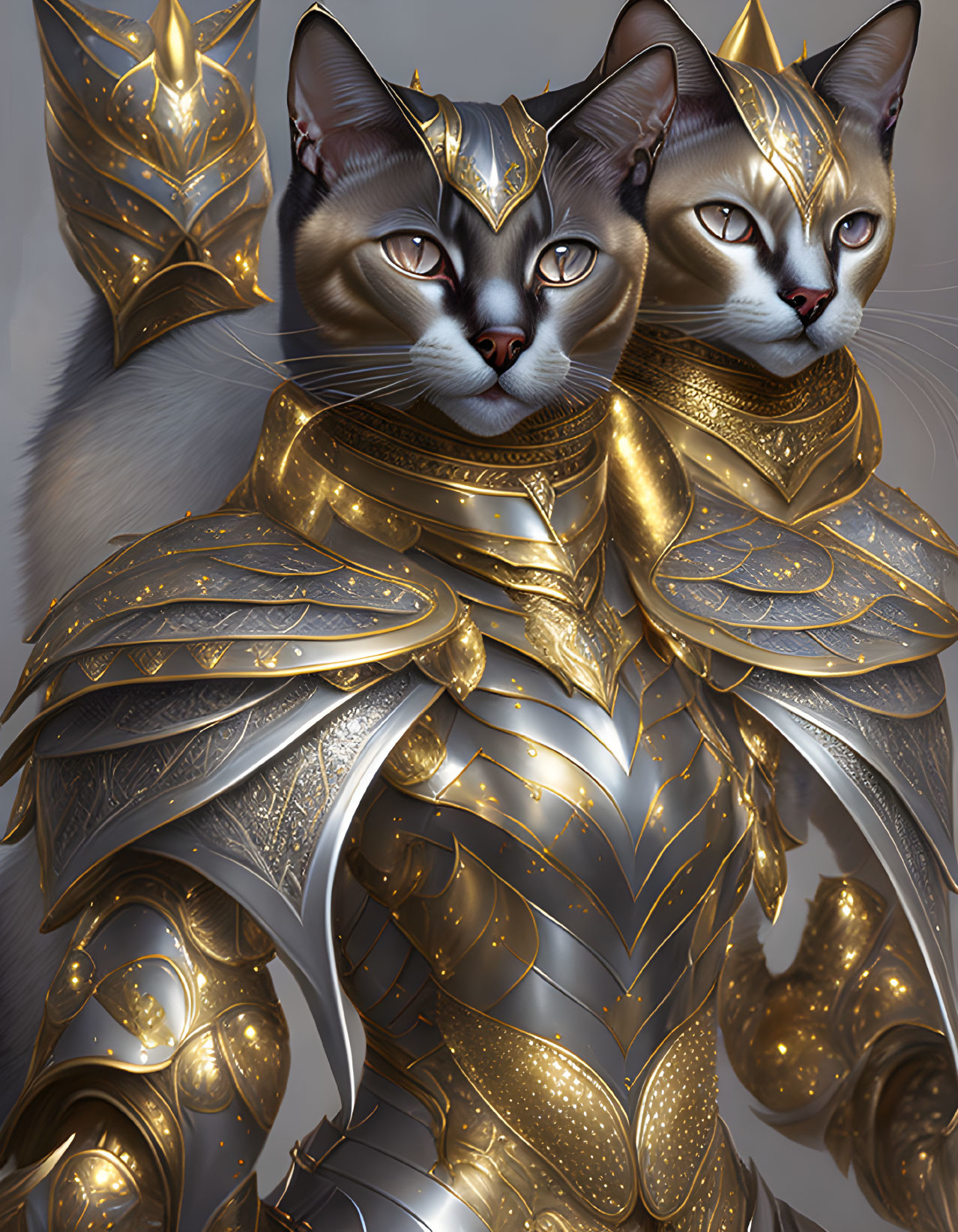 Regal cats in golden armor with intricate detailing