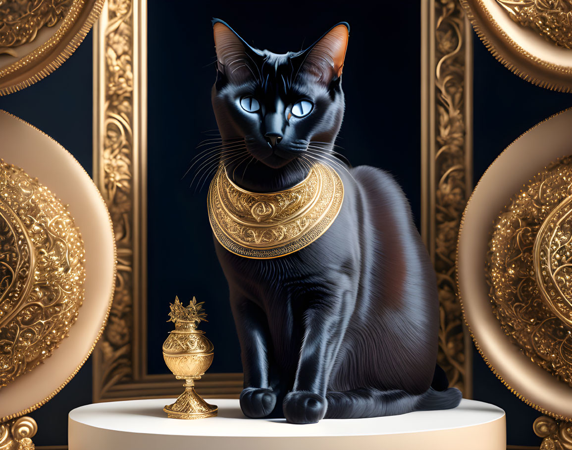 Black cat with gold collar among ornate decorations