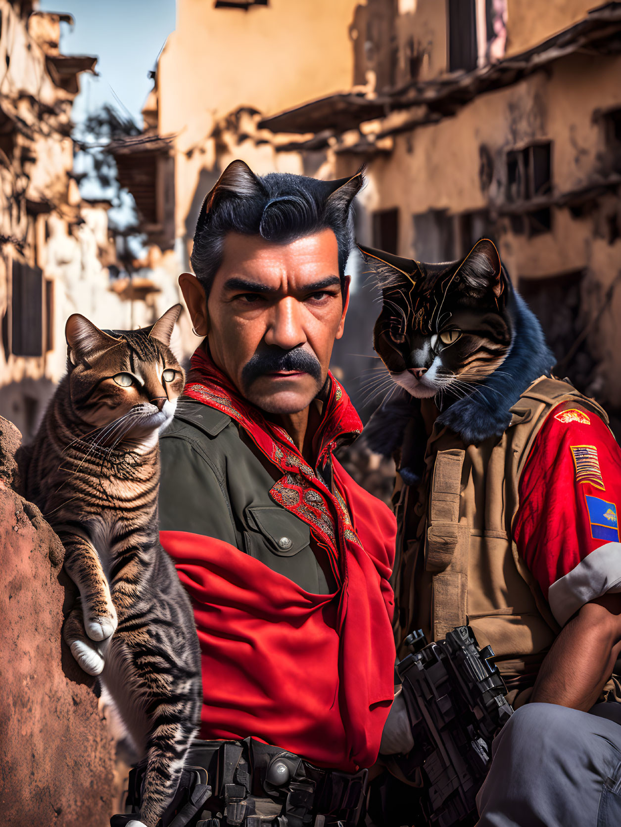 Serious man with mustache in red military attire with two expressive cats in alleyway