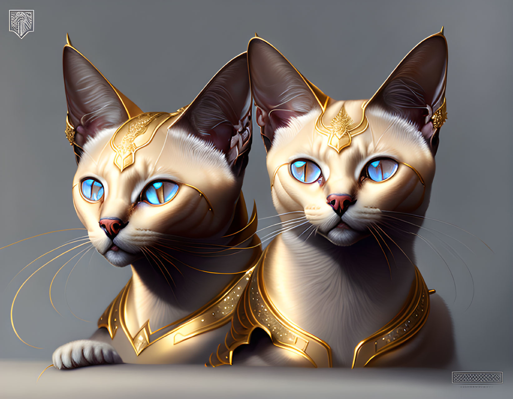 Stylized regal cats with golden headpieces and jewelry, blue eyes, meticulous finish