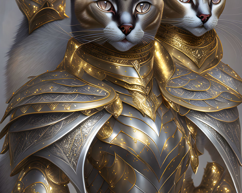 Regal cats in golden armor with intricate detailing