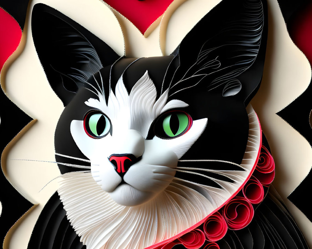 Stylized digital artwork of a cat with green eyes and intricate fur patterns