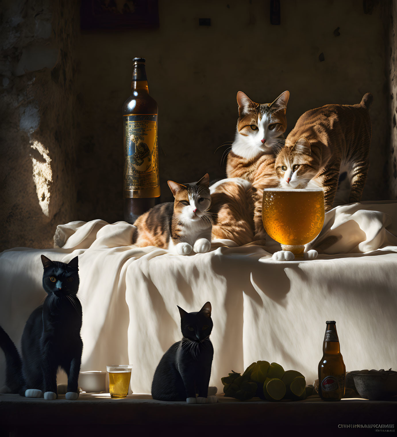 Four Cats Relaxing with Beer and Limes on Table