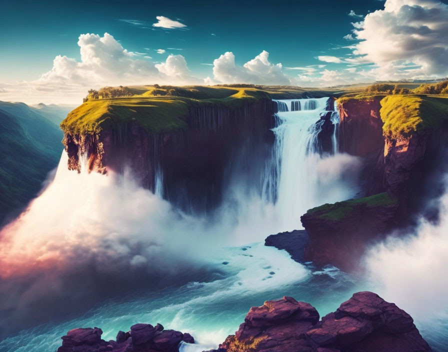 Scenic waterfall over lush cliff in serene setting