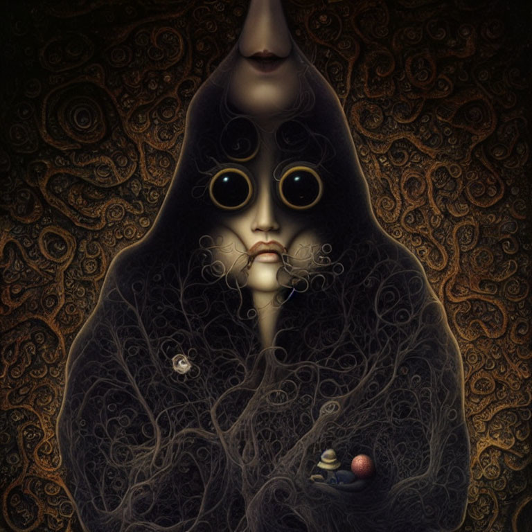 Surrealist portrait of cloaked figure with multiple eyes