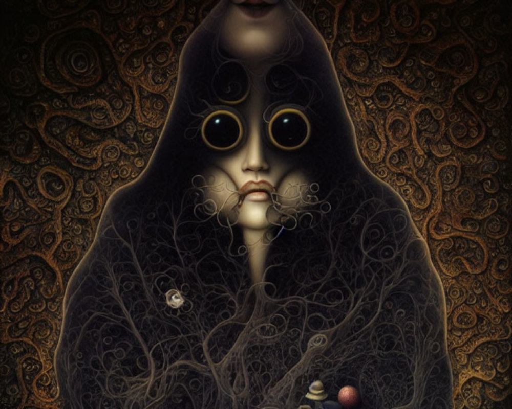 Surrealist portrait of cloaked figure with multiple eyes