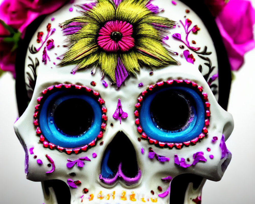 Colorful Dia de los Muertos skull with floral design and blue eye sockets