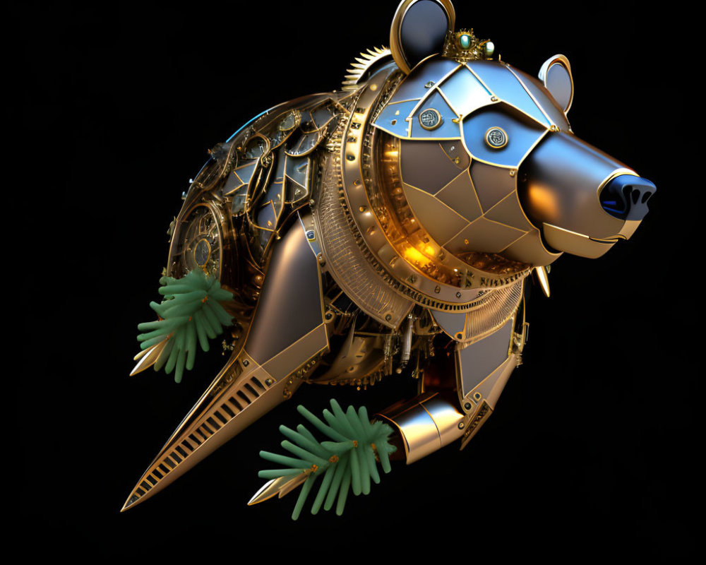 Steampunk-style mechanical bear with golden and green accents