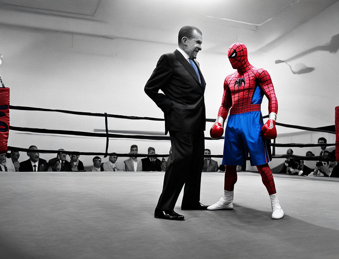 Spider-Man in costume boxing a man in a suit in a ring