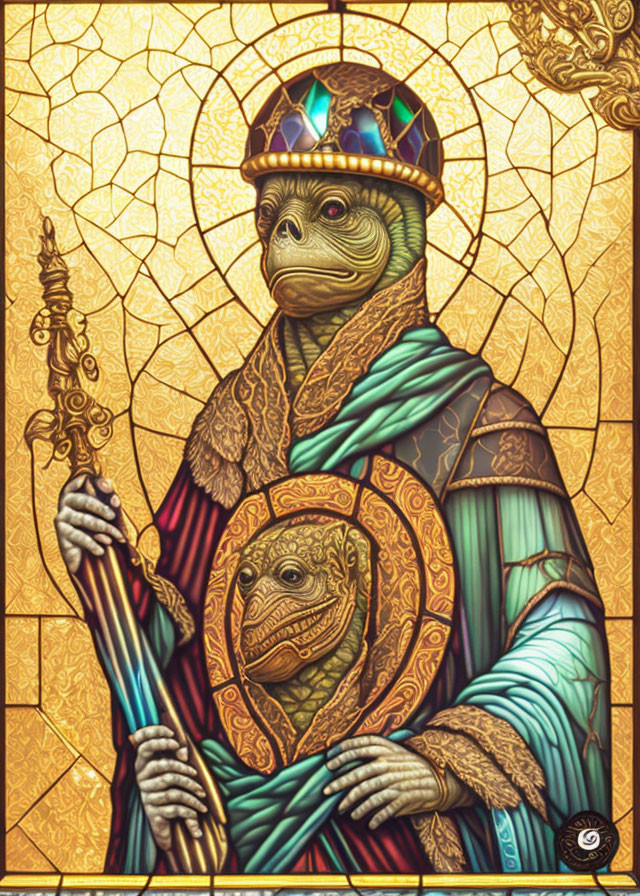 Regal turtle figure in opulent robes and crown holding scepter and emblem