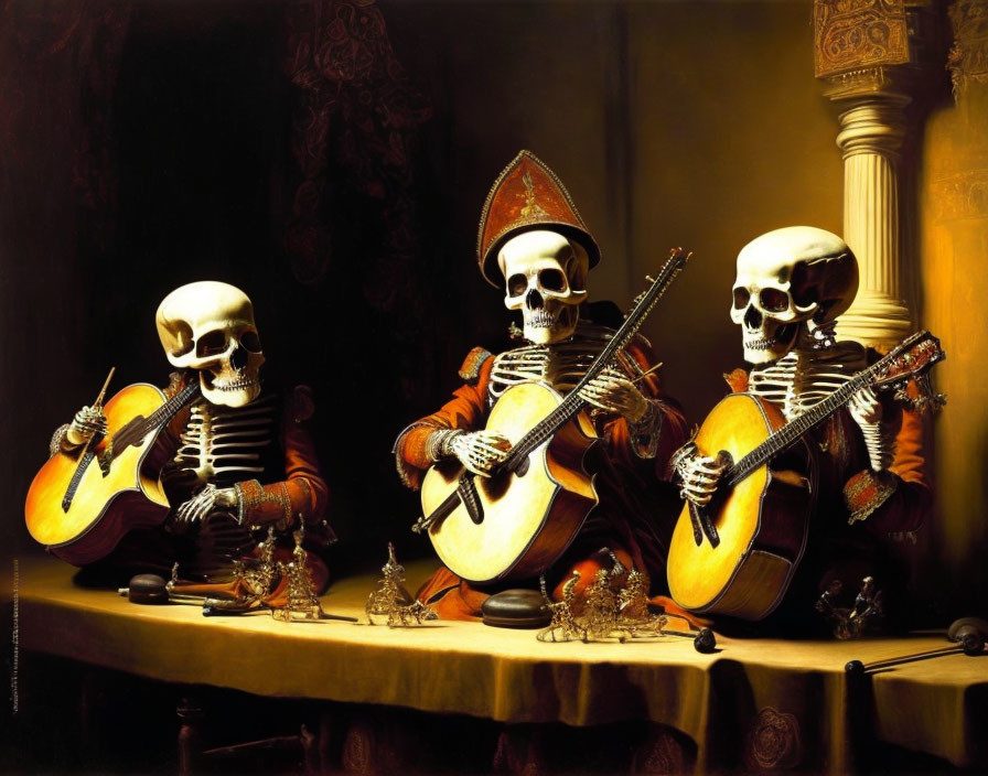 Skeletons in historical attire playing musical instruments in a lavish room with vanitas motifs.
