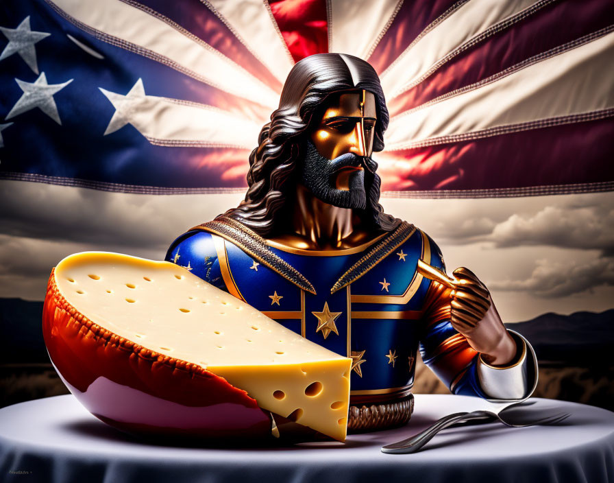 Muscular patriotic superhero eating cheese against American flag