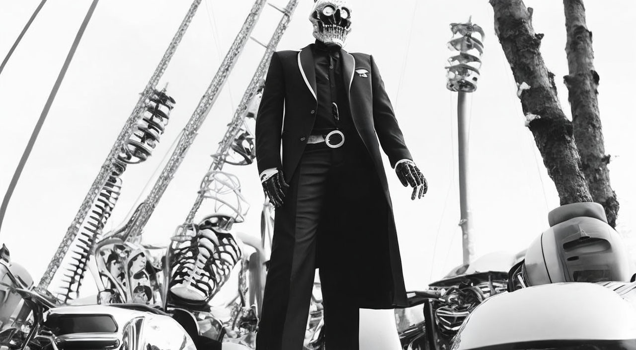 Monochrome image of person in suit with skull mask among motorcycles