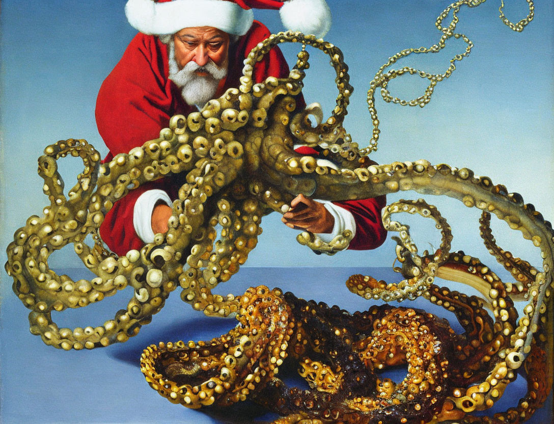 Santa Claus with Octopus Tentacles Artwork on Blue Background