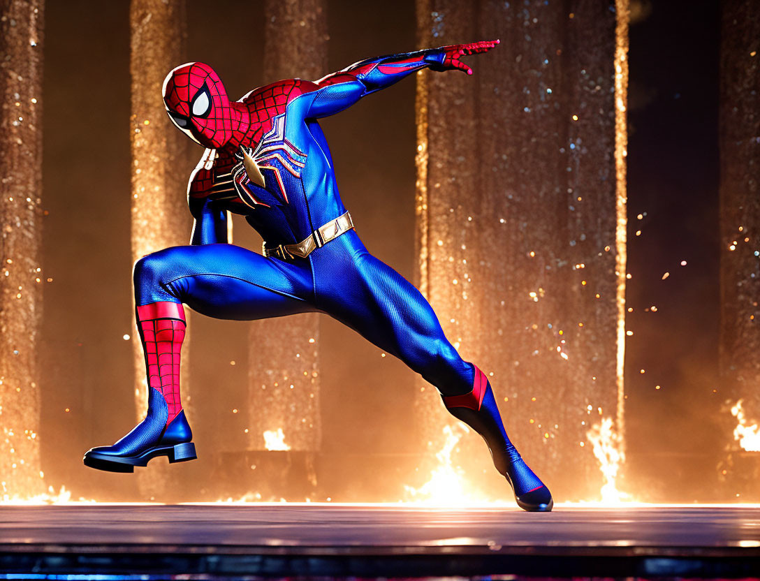 Dynamic Spider-Man Costume Pose on Stage with Golden Sparkles