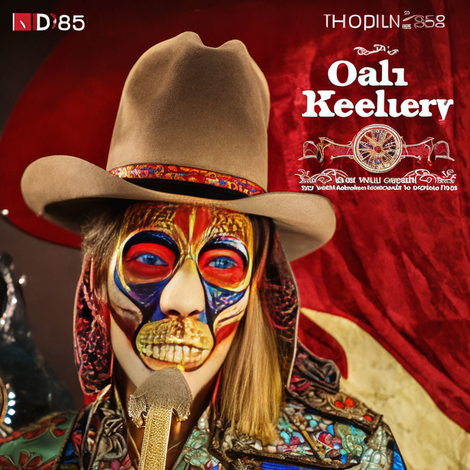 Colorful Skull Face Paint with Hat on Red Background and Decorative Border