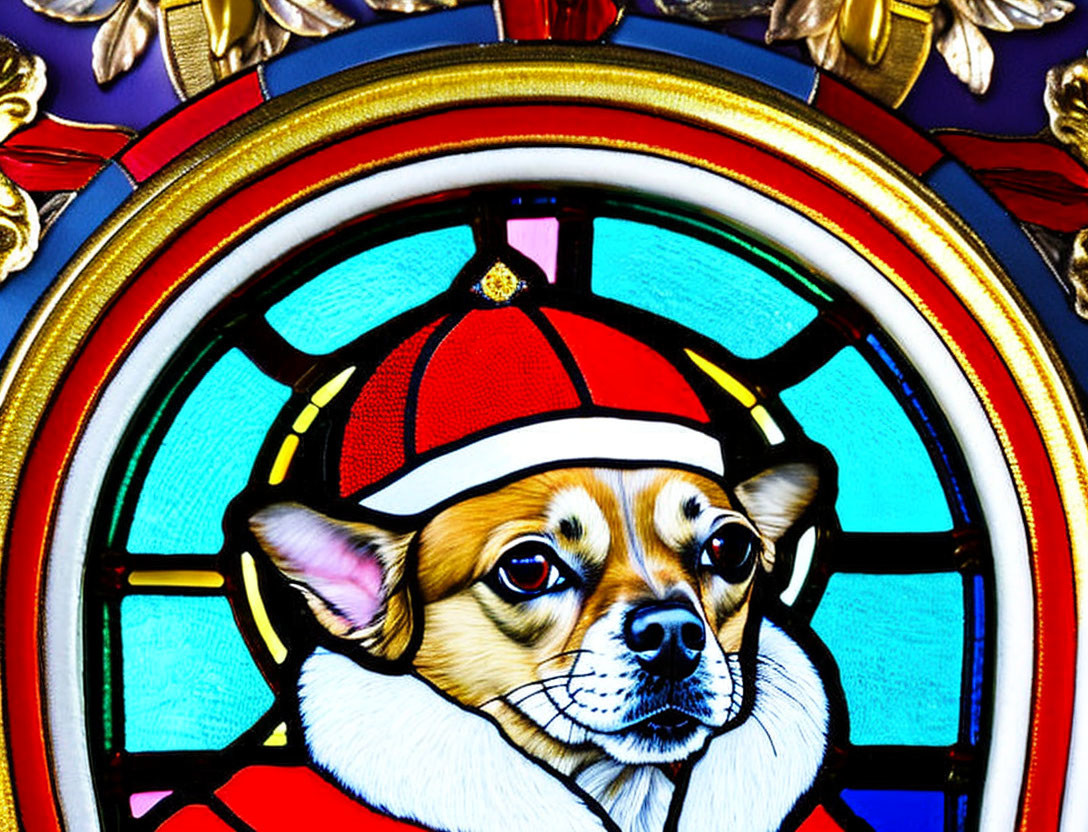 Realistic Dog in Firefighter Helmet Stained Glass Art Piece