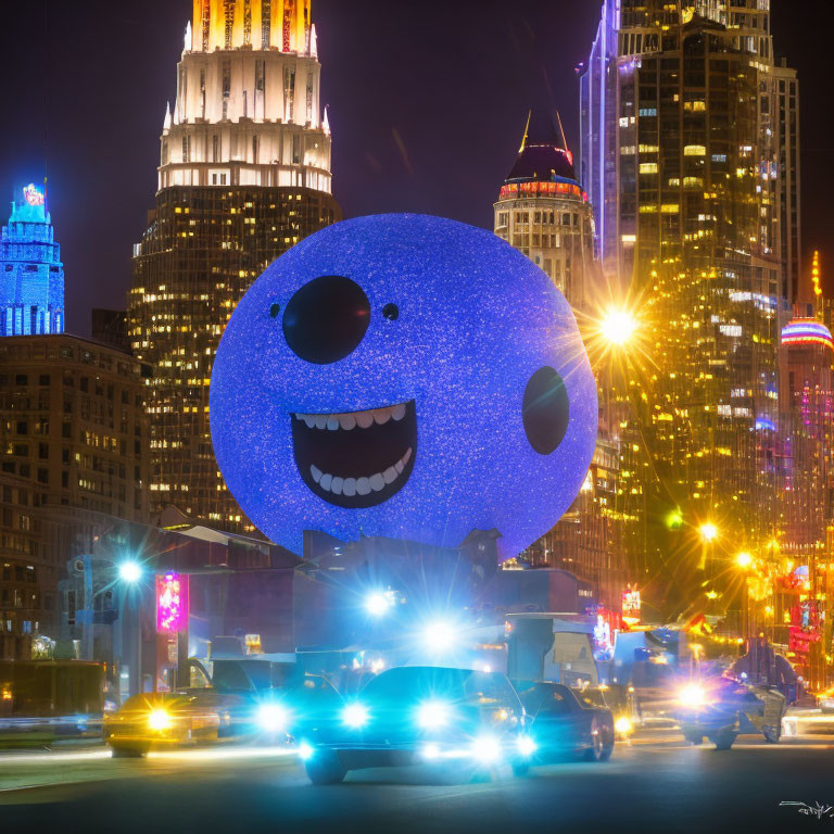 Giant Blue Smiling Spherical Sculpture with Bright Lights at Night