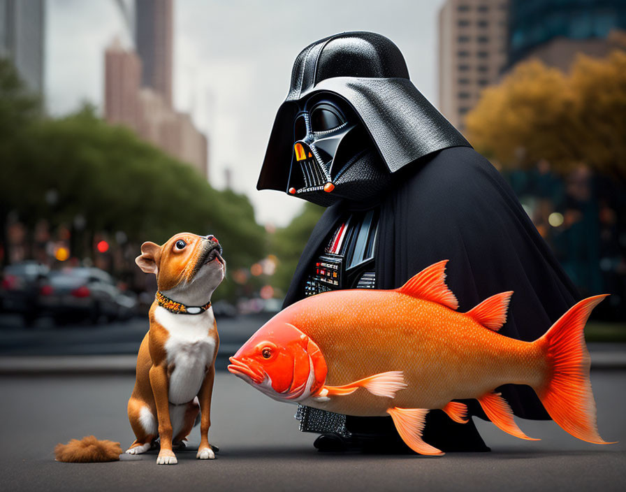 Sci-fi character with dog and goldfish in city street scene
