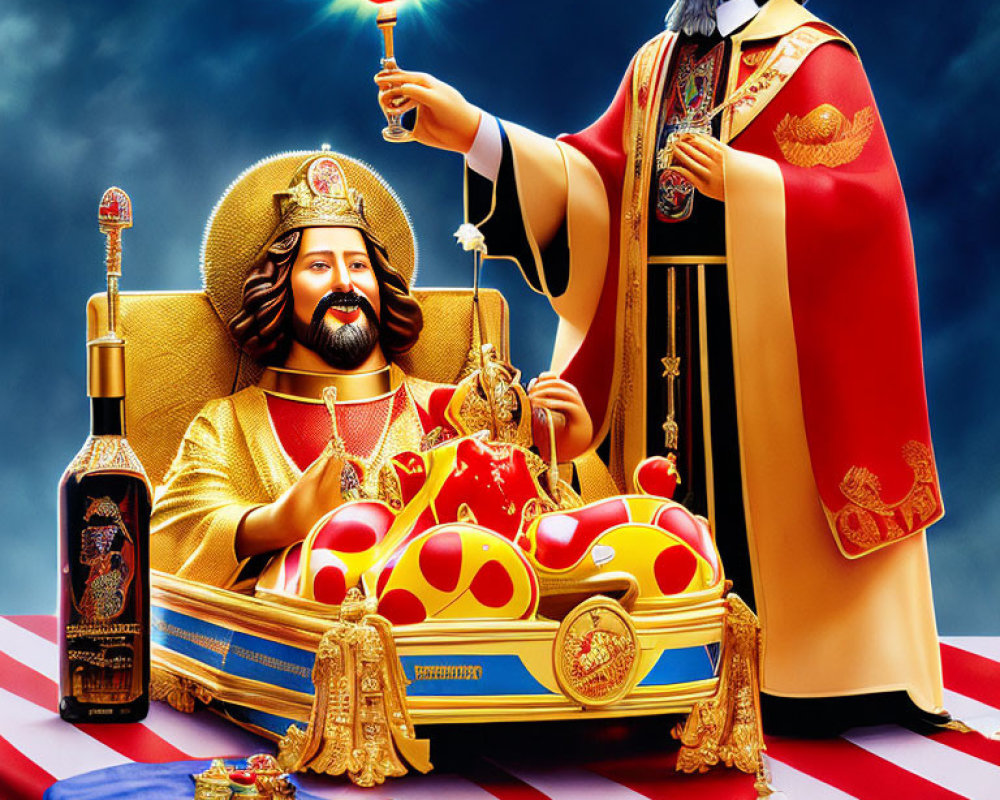 Stylized king figurines with scepter and crown on patriotic tablecloth